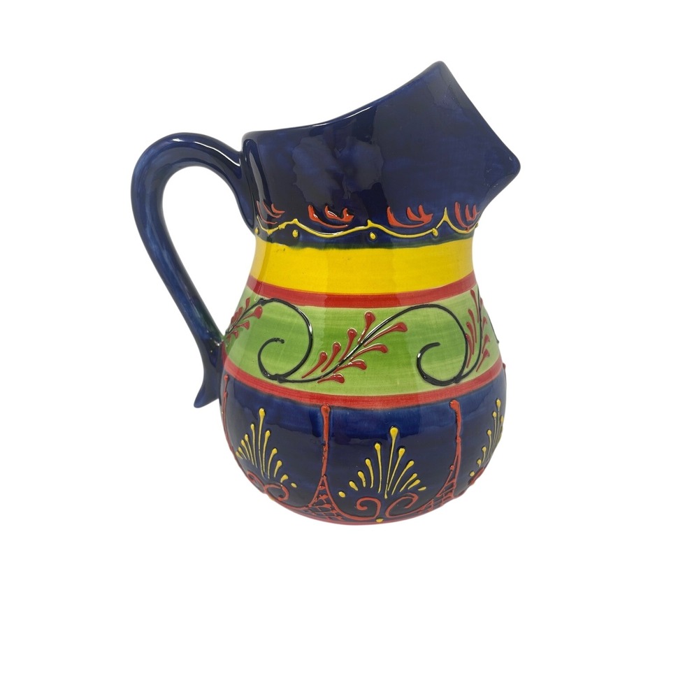 El Poyetón Spain Hand Painted Ceramic Pitcher Blue Yellow Floral 6"